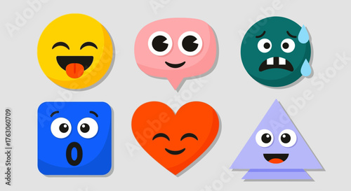 A vibrant and expressive collection of cute cartoon character emoticons in various geometric shapes, perfect for social media reactions and digital communication