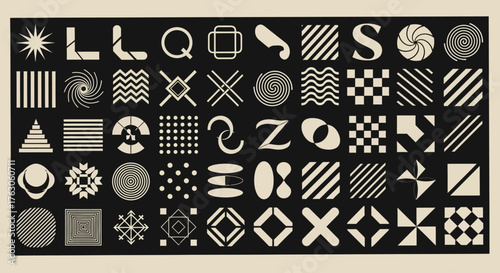 Universal collection of abstract geometric shapes and bold symbols in a brutalist style for creative projects
