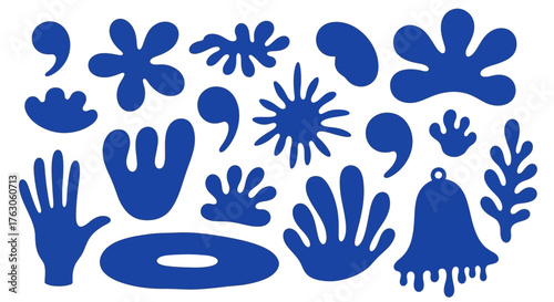 Collection of blue abstract organic shapes inspired by Matisse's cut-out style. Set of modern minimalist forms for contemporary design