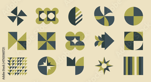 Collection of abstract geometric shapes and minimalist brutalist icons for modern design projects