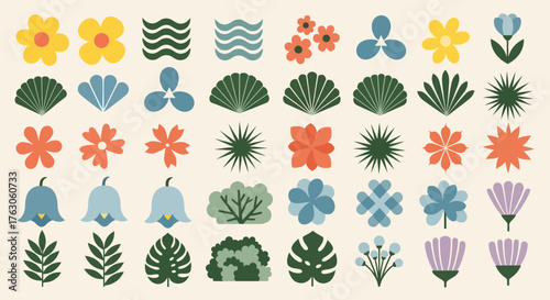 A diverse collection of stylized botanical icons featuring flat design flowers, leaves, and plants in a modern palette