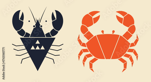 Geometric duo of a dark blue lobster and an orange crab, representing abstract marine life vector illustrations