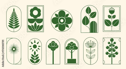 Abstract botanical illustrations featuring geometric plants and flowers in a minimalist vector icon set, perfect for modern design projects