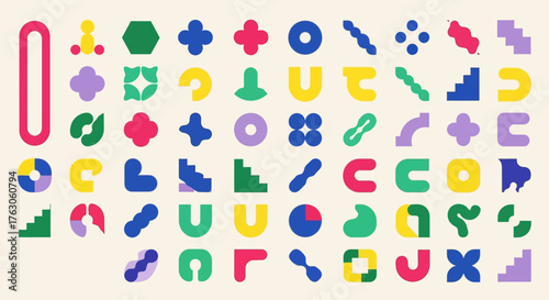 A diverse collection of colorful minimalist geometric forms and bold abstract symbols for modern graphic design projects