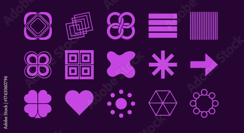 Abstract set of vibrant purple geometric icons and brutalist shapes. A Y2K inspired vector element collection for modern graphic design