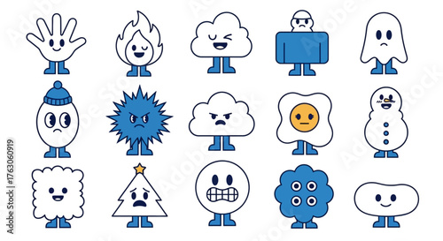 Set of minimalist cartoon characters and comic mascots with various emotions and shapes in a simple blue and white line art style