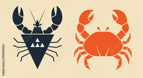 A bold vector graphic set of marine crustaceans, featuring a modern geometric blue lobster and a simple orange crab icon