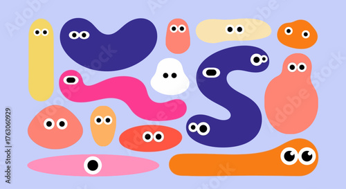 A playful collection of funny and colorful abstract blob characters with cartoon eyes, creating a whimsical set of modern monsters