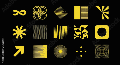 Collection of bold yellow universal symbols and abstract geometric shapes in a modern brutalist design style for futuristic projects