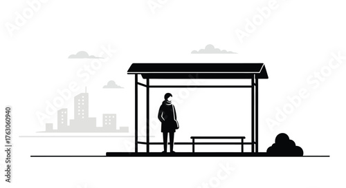 Pensive person waiting alone at bus stop in minimalist black and white city scene illustration