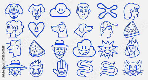 A diverse collection of minimalist blue line art icons and doodle stickers featuring simple character faces, animals, and graphic elements