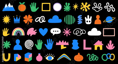 Vibrant collection of abstract geometric shapes and bold doodle icons, a modern set of diverse graphic elements inspired by 90s aesthetics