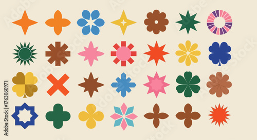 A versatile collection of colorful abstract geometric shapes, featuring retro flower icons and starbursts for modern design projects