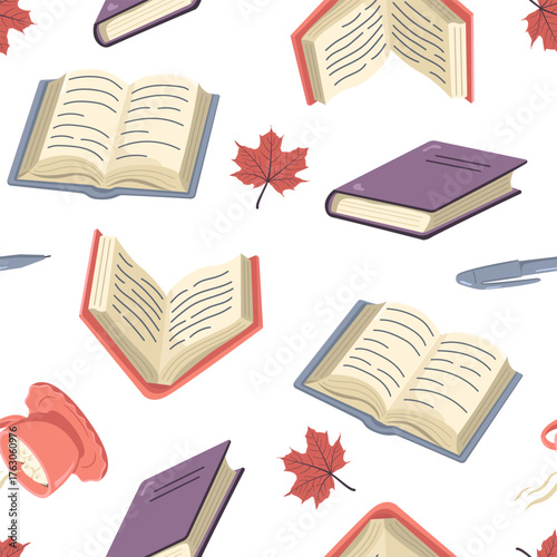 Vector seamless pattern with open and closed books with hot cocoa. Cozy Decor for packages, wallpapers and textiles. Illustration for World Book Day.
