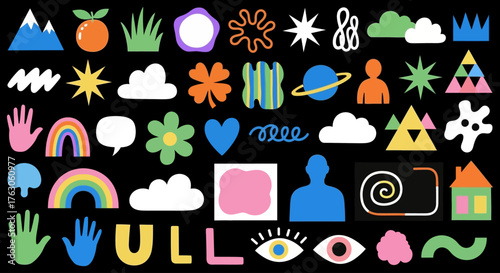 A vibrant collection of modern abstract shapes and basic geometric doodle elements. A set of playful, colorful vector icons for design