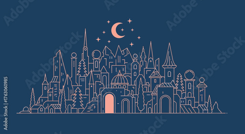 Enchanting fantasy city with glowing gates under a crescent moon and stars, a vector line art illustration