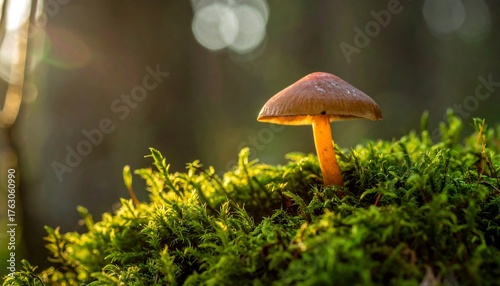 Single mushroom on moss, sunlit forest