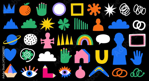 A vibrant collection of contemporary abstract geometric shapes, doodle icons, and creative graphic design elements