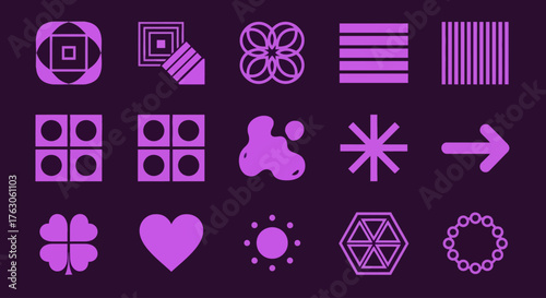 A versatile collection of modern minimalist geometric icons and universal symbols in a bold purple monochromatic color scheme
