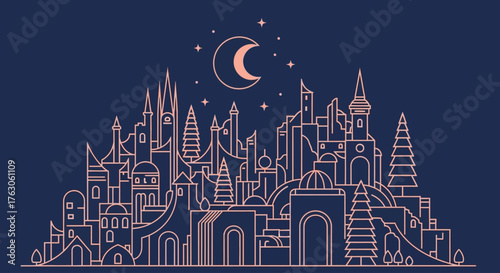 Stylized vector line art illustration of a magical city skyline under the night sky with a crescent moon