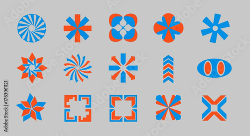 A collection of bold geometric abstract shapes and symbols, modern Y2K brutalist style icons for contemporary graphic design projects