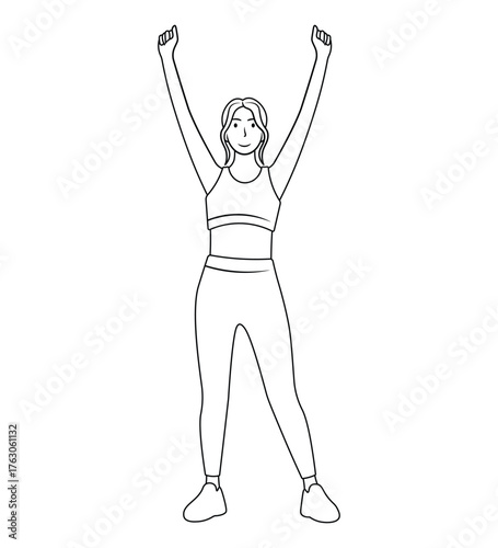 Line art illustration of a woman exercising by raising her arms.