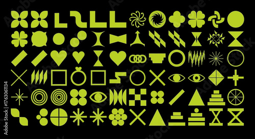 A comprehensive set of modern brutalist geometric shapes and abstract universal symbols. Acid green graphic design elements for futuristic and y2k inspired projects