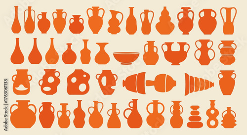 A diverse collection of ancient pottery silhouettes. Assortment of classic orange ceramic vases, jugs, and amphorae in a flat graphic style
