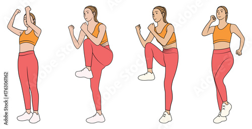 Illustration of Woman Stretching Before Workout. Knee Lift, Arm Stretch and Jogging in Place.