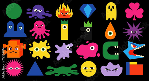 Vibrant collection of colorful cartoon monsters, quirky characters, and bold geometric shapes for modern graphic design