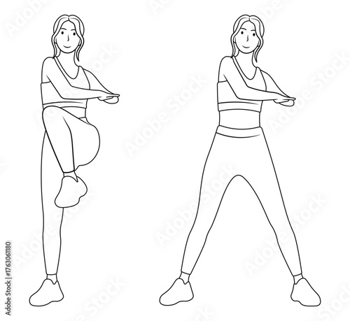 Line art illustration of a woman doing knee lift exercise.