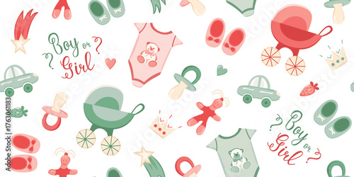 Seamless pattern for a baby gender reveal party. Modern design featuring pacifiers, strollers, and toys.