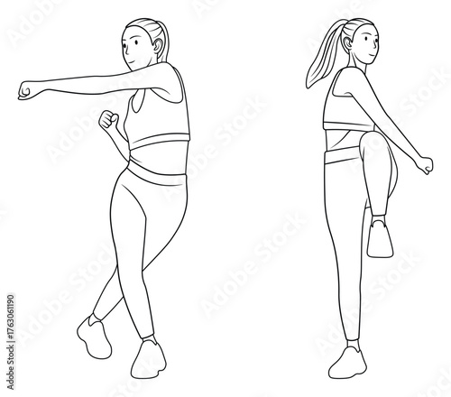 Line art illustration of a woman doing knee lifts and punches.