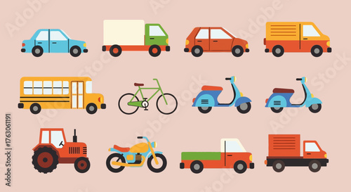Diverse collection of colorful land transportation icons, featuring cars, trucks, a bus, and two-wheeled vehicles in a flat design style