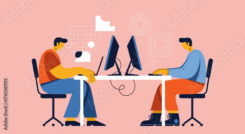 Two IT professionals or software developers working on computers at a shared desk in a modern office illustration