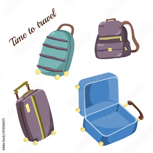 Vector set of suitcases and backpacks. Tourism, adventure and travel concept.