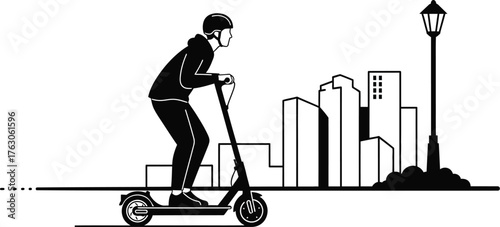 Riding an electric scooter downtown in a modern city is a great way to get around town quickly