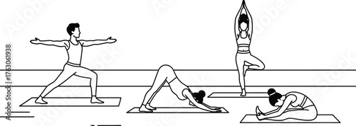 Diverse group practicing yoga poses for wellness and stress relief in simple line art illustration