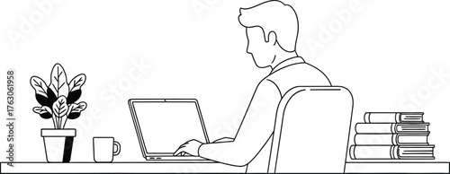 Creative person working at laptop with books and plant illustration in a bright office space