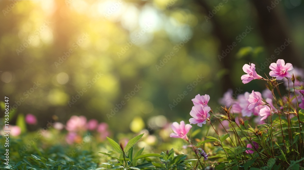 Obraz premium Delicate pink wildflowers bloom in soft sunlight with a blurred green forest background