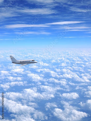Private jet airplane flying high above the clouds aerial view of luxury travel and business aviation concept