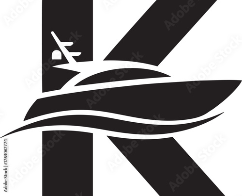 Monogram letter k with a sleek yacht silhouette and water wave symbolizing luxury nautical travel and maritime lifestyle isolated on transparent background
