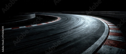 Race Track Asphalt Curve with Red and White Striped Borders at Night Low Angle Perspective