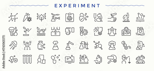 Experiment icon set. Thin linear style icons. Vector collections. Research icon. Contain linear symbols chemistry lab, chemist, analysis, formula, laboratory, biology and more.