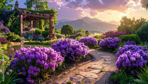 Enchanting Garden Path with Purple Flowers and Mountain View.