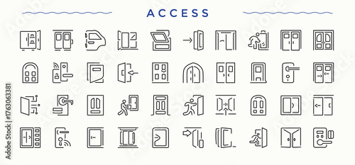 Access icon set. Included control, barrier, biometric, security, identification, key and more. Minimal icons collection. Editable stroke. Vector collection. Authentication icon set.