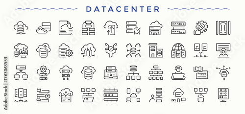 Data Center icon set. Server thin ui icons. Line icons with editable stroke. Cloud Data icon. Vector illustration.