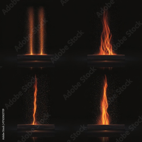Four Fireplace Logs with Flames and Embers on Dark Background Studio Shot Fire Burning Warmth and Light Home Decor