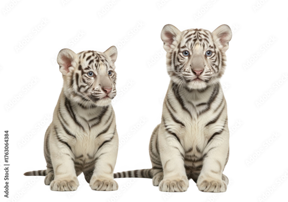 Fototapeta premium Two adorable white tiger cubs sitting together, cute baby animal photography, wildlife image, png clipart, cutout, isolated on transparent background