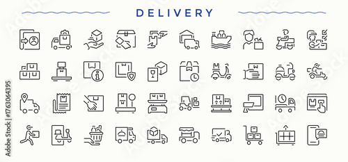 Delivery icon set. Contain linear sign parcel, transport, transportation, logistic, express and more. Parcel icon set. Outline icons in linear style. Editable stroke.